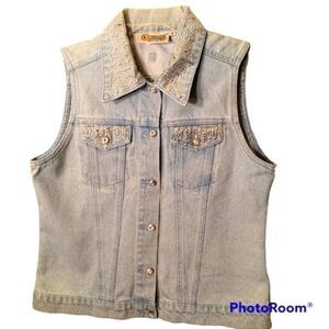 Vintage Christine Alexander Blinged Y2K Lite Washed Denim Vest sz S